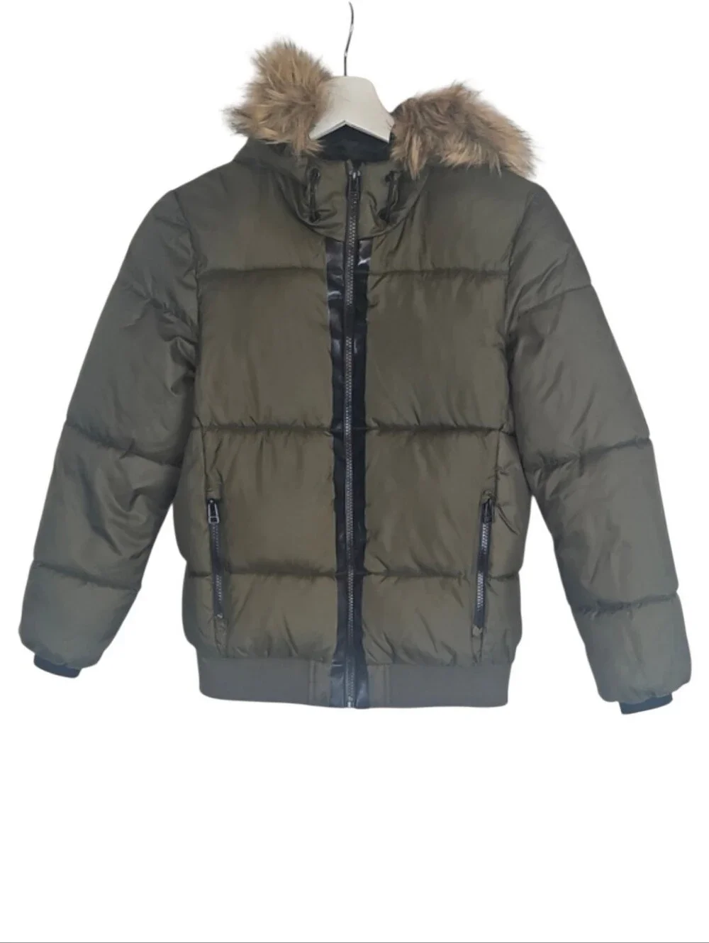 ZARA Boys Olive Green Puffer Jacket with Faux Fur Hood Zip Pockets Fall Winter